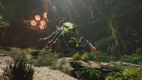 ARK: Survival Ascended のゲーム画面。Unreal Engine 5で描かれた洞窟で、巨大な原生生物と対峙する