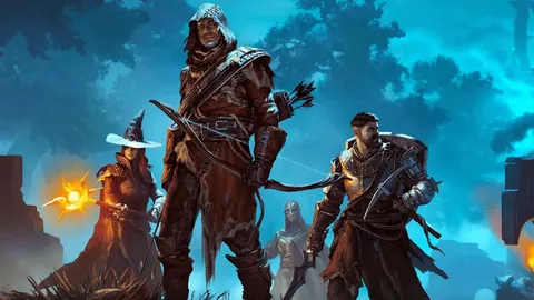 Enshrouded のキービジュアル。弓を構えるフレームボーンと魔法使い・戦士の仲間たちが、霧に覆われた荒廃した王国に立つ
