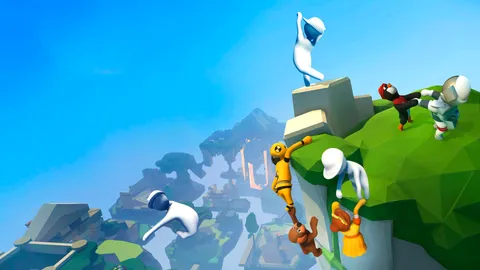 Human: Fall Flat のキービジュアル。ふにゃふにゃした人型キャラたちが、浮島の崖をよじ登ったり手をつないでぶら下がったりしている