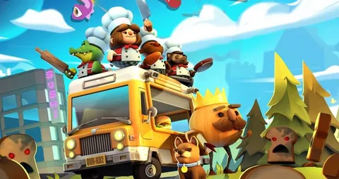 Overcooked! 2 のキービジュアル。シェフたちがフードトラックの上で料理する