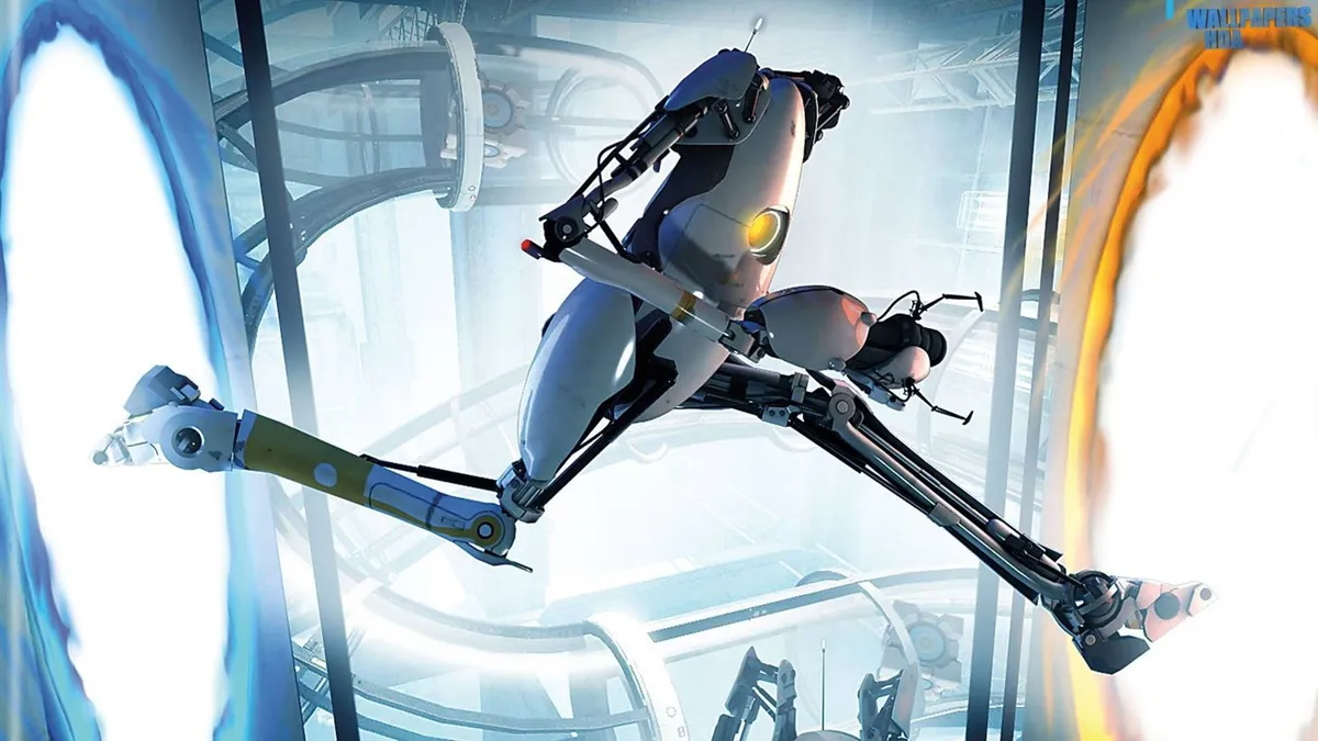 Portal 2 協力プレイのロボット P-body が、青とオレンジのポータルのあいだを飛び越えるキービジュアル