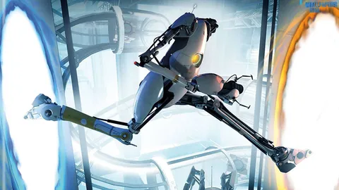 Portal 2 協力プレイのロボット P-body が、青とオレンジのポータルのあいだを飛び越えるキービジュアル