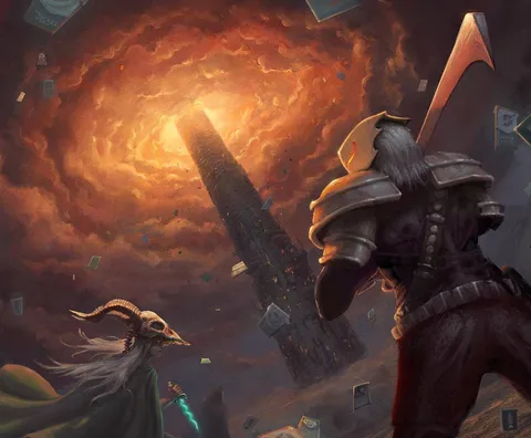 Slay the Spire のキービジュアル。舞い散るカードを背に、戦士アイアンクラッドとローグのサイレントが巨大な尖塔（スパイア）を見上げる