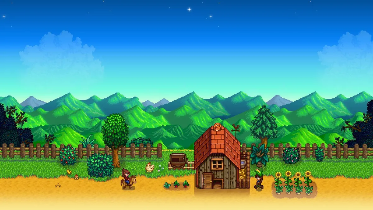 Stardew Valley のゲーム画面。ドット絵の農場と山並み、小屋の前に立つ農場主