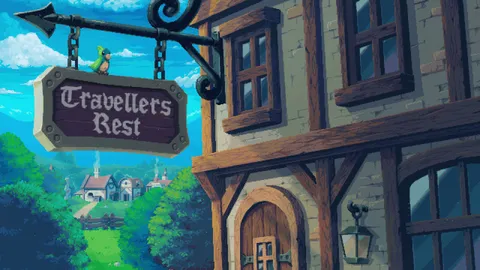 Travellers Rest のキービジュアル。木組みの酒場の建物と、緑の小鳥がとまった「Travellers Rest」の看板
